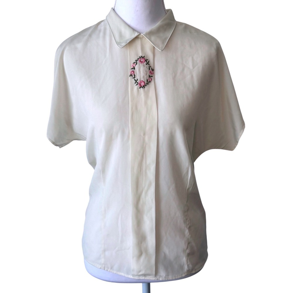 Vintage Lisa Josephs Embroidered Floral Blouse Cream Cottagecore‎ Petite Small